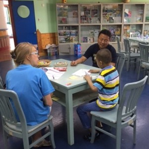 Beth Rutkowski, Clinical Psychologist, works with a child at the Gladney Center.